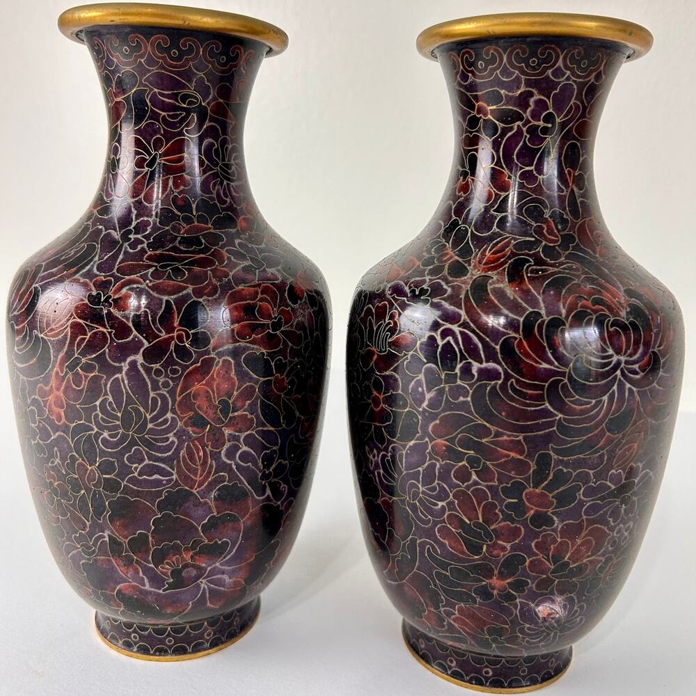 Vintage Cloisonne Enamel Vases 9.5" Set of 2 Thousand Flowers Made in China